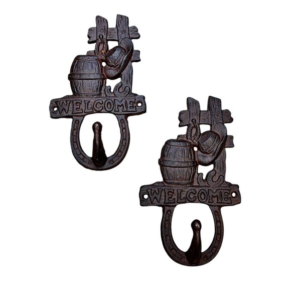 Welcome Cast Iron Metal Hook Horseshoe Barrel Cowboy Hat Rustic - Picture 1 of 1